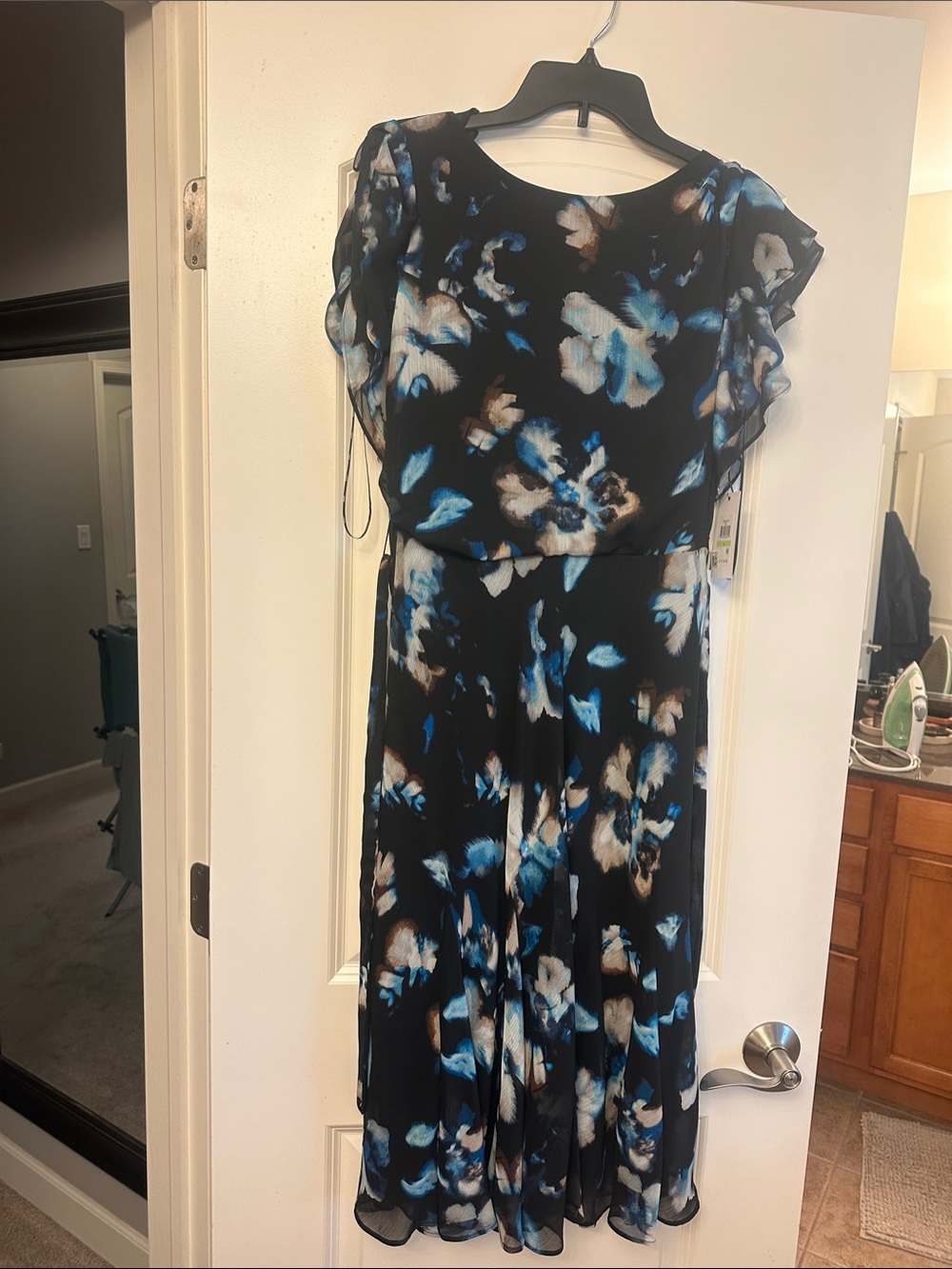 DKNYC Black Midi Dress with Blue and Cream Floral Print